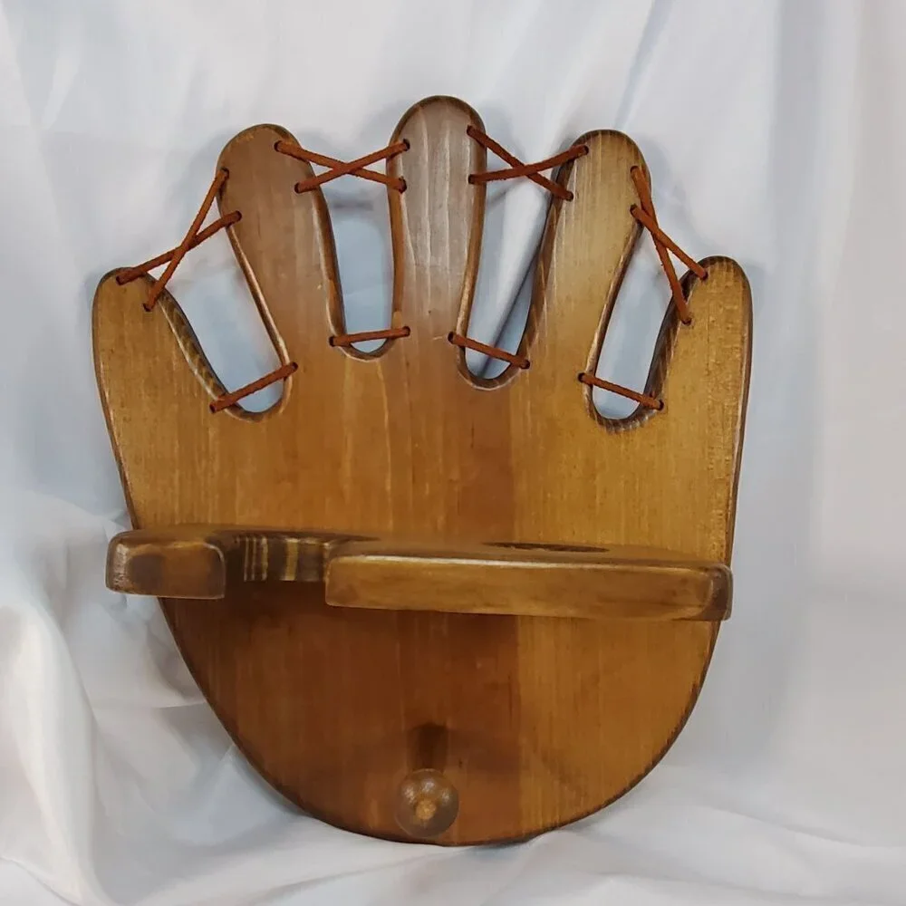 Wooden Baseball Glove Shaped Bat and Ball Holder Display Rack With Peg